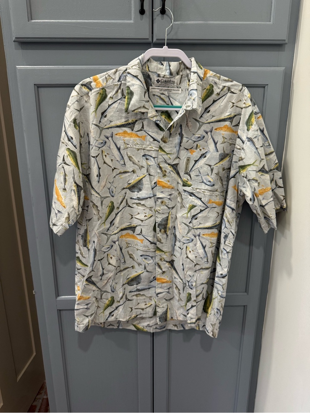 Columbia Men’s Short-Sleeve Fish Print Shirt - White/Yellow/Green